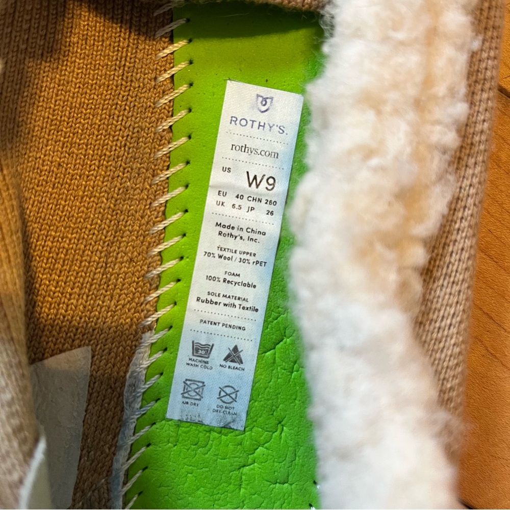 Rothy’s The Slipper Shearling-Lined Tan Slippers neon green stitching size 9 - Picture 8 of 8